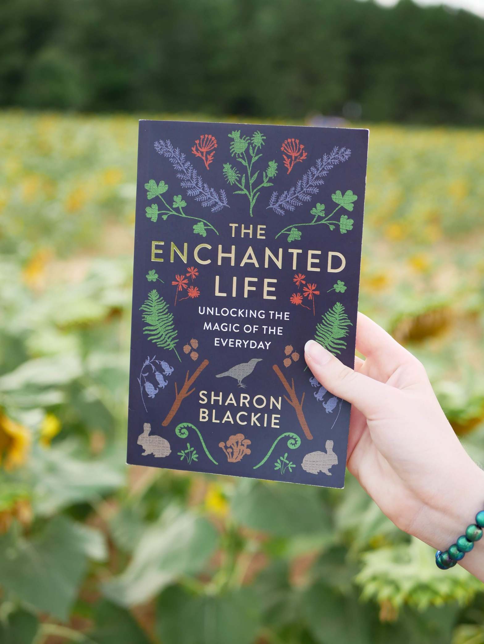 Kaley holds a copy of The Enchanted Life in front of a field of sunflowers